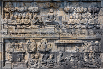 The stories from Mahayana Buddhist Sutras carved on the relief panels of Borobudur Temple (750AD)