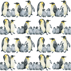 Watercolor seamless pattern with Emperor penguin family. Wild northern Antarctic animals. Cute grey bird for baby textile, wallpaper, nursery decoration