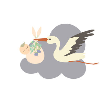 A cartoon stork carries a sleeping baby wrapped in a diaper. The diaper is decorated with flowers and leaves.