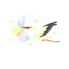 Naklejka premium A stork delivers a newborn baby wearing a hat with funny ears. Clouds and stars are in the background.