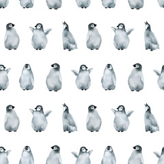 Watercolor seamless pattern with baby Emperor penguins. Wild northern Antarctic animals. Cute grey bird for baby textile, wallpaper, nursery decoration