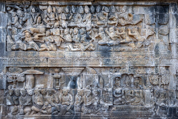 The stories from Mahayana Buddhist Sutras carved on the relief panels of Borobudur Temple (750AD)