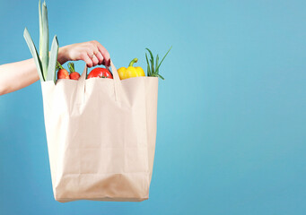 Hand holding paper bag with vegetables empty space blue background.Online market.