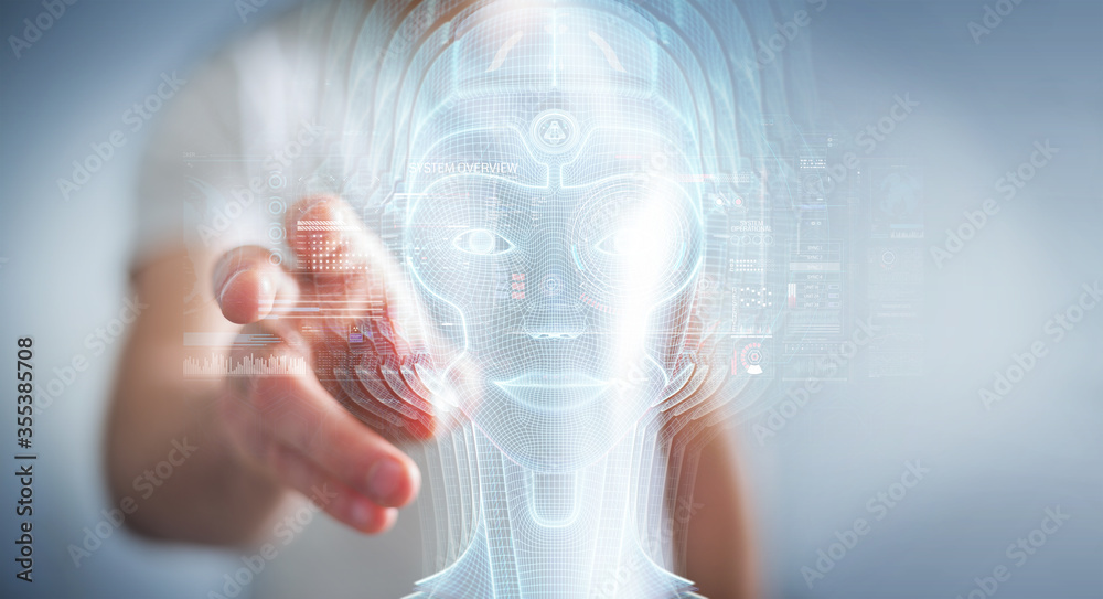 Poster Businessman using digital artificial intelligence head interface 3D rendering