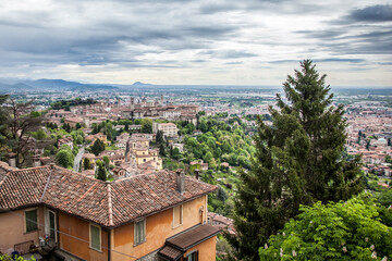 Beautiful view of Bergamo (Upper city) from the San Vigilio Park. Bergamo, Lombardy, Italy