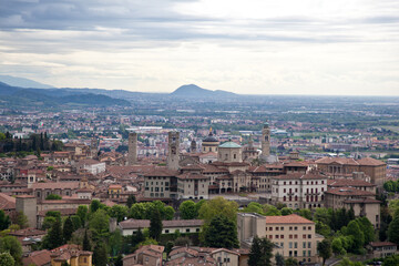 Fototapeta na wymiar Beautiful view of Bergamo (Upper city) from the San Vigilio Park. Bergamo, Lombardy, Italy