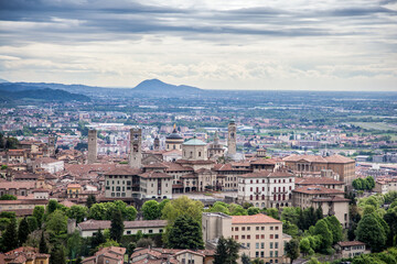 Fototapeta premium Beautiful view of Bergamo (Upper city) from the San Vigilio Park. Bergamo, Lombardy, Italy
