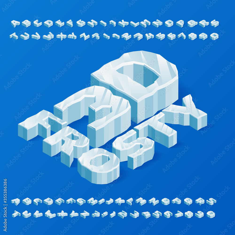 Fototapete 3d frosty alphabet font. 3d isometric ice letters and numbers. stock vector typescript for your typo