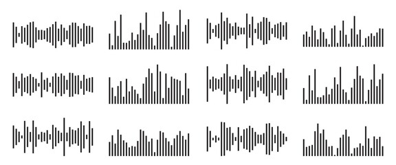 Sound wave collection. Random audio  soundwave line. Black waveform equalizer set