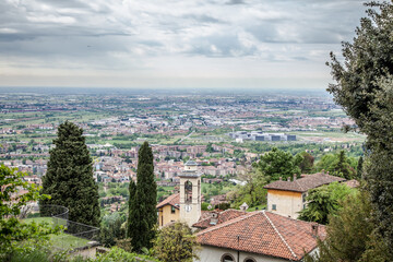 Fototapeta premium Beautiful view of Bergamo (Upper city) from the San Vigilio Park. Bergamo, Lombardy, Italy