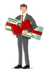 Successful businessman celebrates his victory holding dollar bundle with ribbon and bow. Business success, triumph, goal or achievement. Winning of competition. Vector illustration flat style