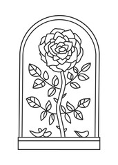 Coloring book with flowers for adults and children. A graceful rose in a glass flask with falling leaves. Line art in vector coloring book.Still life with flowers