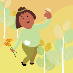 Cute young woman cartoon selfie in the garden vector wallpaper background
