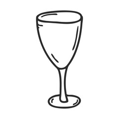 An empty wine glass. Doodle style. Kitchen utensils. Design element for decorating menu, recipes, and food packaging. Hand drawn and isolated on white. Black-white vector illustration