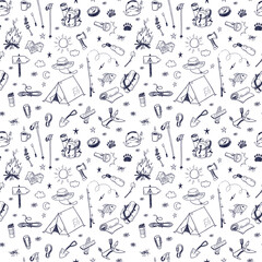 Hand drawn doodle camping vector elements seamless pattern with bonfire, adventure, hiking and touristic equipment - 355388765