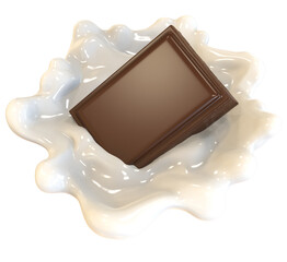 Chocolate piece and milk splash. 3d illustration.