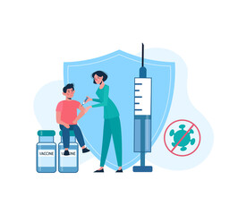A nurse administers a vaccine to a child, the background is a shield. Vaccination of children from coronavirus COVID-19, from HPV, from poliomyelitis. Diseases, health care, injections. Vector, flat