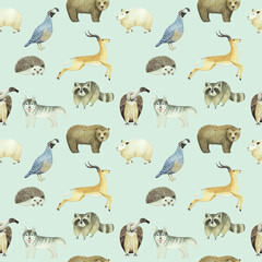 Seamless pattern with watercolor animals. Background ideal for textile, wallpaper and scrapbooking.