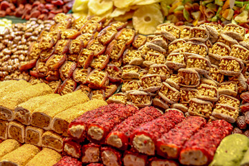 Delicious Churchkhela candy in shop.