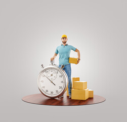 Delivery man with stopwatch timer holding cardboard box. - 355391311