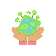 Two hands hold a planet with plants. Vector illustration, flat cartoon design, eps 10. Concept: earth day, care for nature, planet.