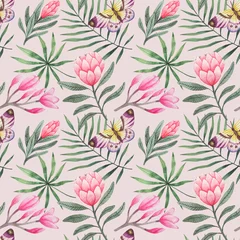 Deurstickers Seamless pattern with tropical flowers. Hand Drawn,  watercolor © Ekaterina