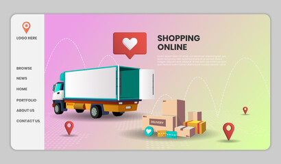 Shopping Online on Mobile Application with Truck Concept Digital vector for landing page.3d vector illustration.