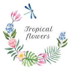 Wreath of watercolor tropical flowers and leaves. Ideal for greeting cards, wedding decoration and posters.
