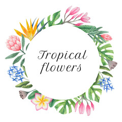 Wreath of watercolor tropical flowers and leaves. Ideal for greeting cards, wedding decoration and posters.