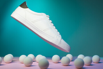 Pair of sneakers on color background, top view