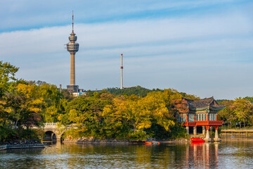 83 Tower behind an artificial lake in Daegu, Republic of Korea