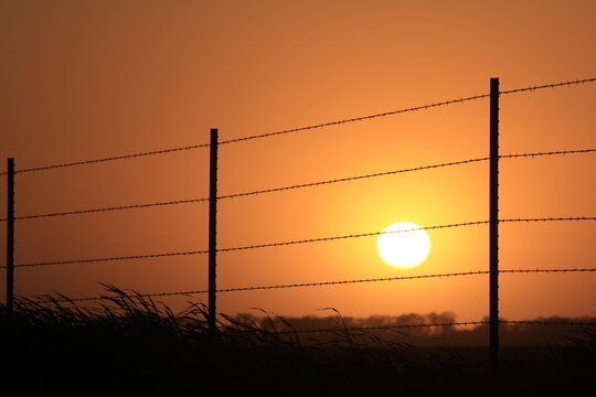 Kansas Country Sunset with a fence silhouette out in the country.