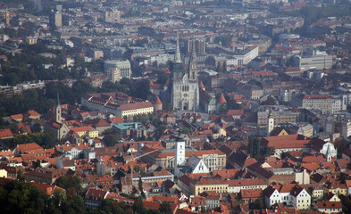 Fototapeta na wymiar Zagreb Panorama with Cathedral of the Assumption of the Virgin Mary in Zagreb, Croatia