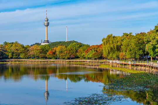 83 Tower behind an artificial lake in Daegu, Republic of Korea