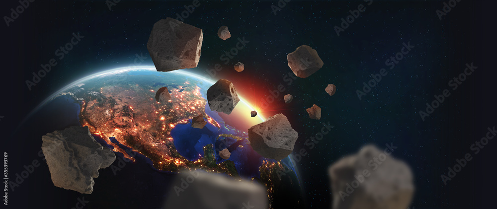 Aufkleber deep space. asteroids near planet earth. continent north america. a view of globe from space. elemen