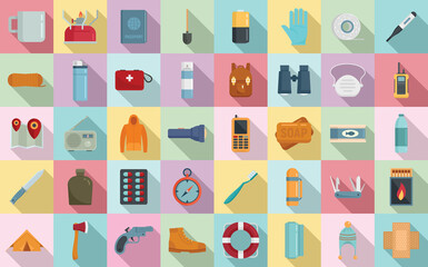 Survival icons set. Flat set of survival vector icons for web design