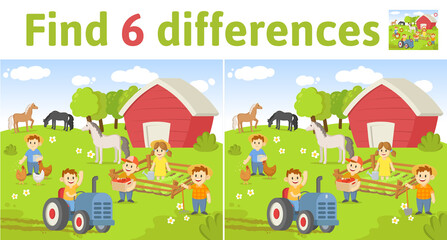 Find the differences in two colored pictures. Children riddle game with farm scene and characters. English language education sheet. Colorful flat vector illustration.