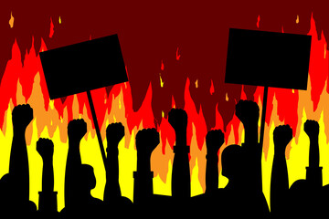 Public protests. Silhouettes of hands with posters on a background of fire. Vector