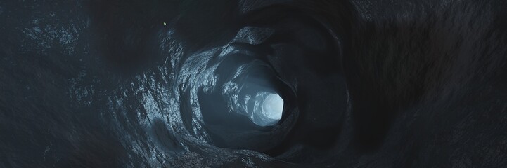 Sci-fi Dark Caves Underground tunnel atmosphere and dust Scary panorama animation 3d rendering