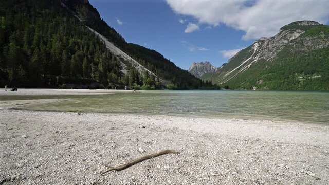 panoramic view on a summer day of Predil lake, Friuli-Venezia Giulia region, Italy	