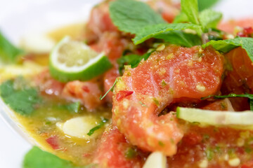 Spicy salmon salad with herbs; delicious fusion food. 