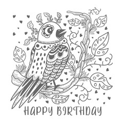 Hand drawing illustration. floral and  birds vector illustration.  happy birthday card
