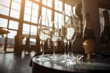 Champagne glasses are on the table. Wine glasses are on the table.