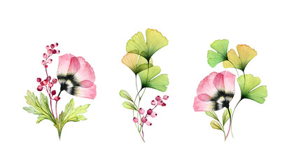 Watercolor tulips floral set. Collection of thee bouquets. Abstract flowers, gingko leaves. berries isolated on white. Hand drawn botanical illustrations for cards, wedding design