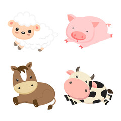 Cute farm animals cow, pig, sheep and horse. Vector illustration.