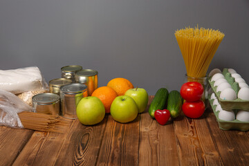 Social assistance from the state. The products of the first necessity. Non-perishable foods, spaghetti, canned food, apples, eggs, cereals, sugar.