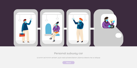 People in face masks and gloves in personal subway car vector flat illustration. New reality social distancing, quarantine, preventive measure concept. Keep distance and stay safe. Banner,poster.