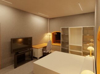 3d Render of bed room with cabinets, wardrobe and television with a modern bed design for mockups