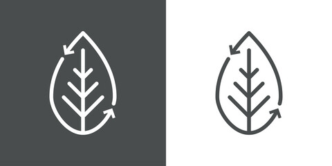 Símbolo de reciclado orgánico. Icono plano lineal hoja de planta con flechas girando en fondo gris y fondo blanco © teracreonte