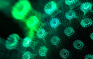 Microscopic view of Coronavirus, a pathogen that attacks the respiratory tract. 3d rendering.